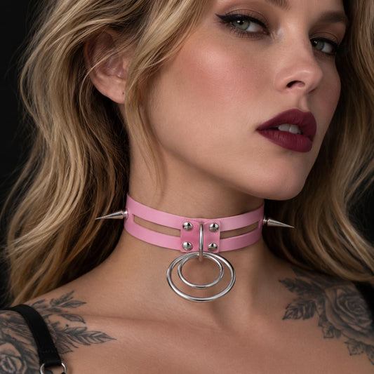 Double O-Ring Spike Collar – Baby Pink Pastel Goth Choker with Silver Spikes