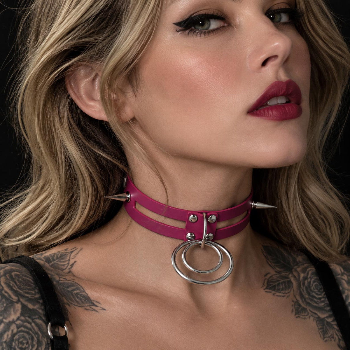 Double O-Ring Spike Collar – Hot Pink Statement Choker with Silver Hardware