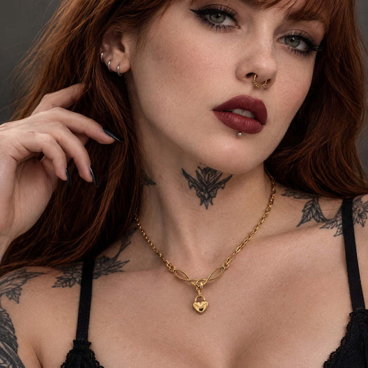 Gold Celtic Heart Paperclip Chain Collar | Gothic BDSM Statement Collar
