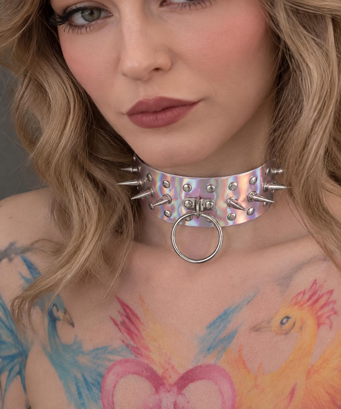Pink Chrome Large O-Ring Spike Collar – Iridescent Gothic Statement Choker