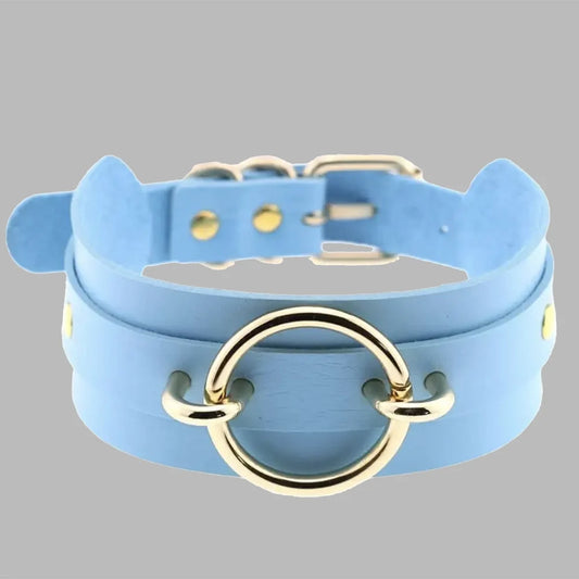 Baby Blue & Gold Fixed O-Ring Choker Collar – Elegant Gothic Statement Necklace