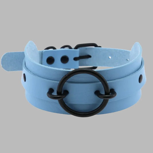 Baby Blue & Black O-Ring Choker Collar – Gothic Faux Leather Statement Accessory