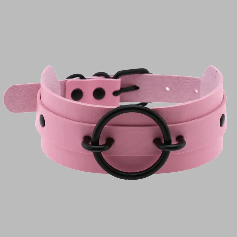 Baby Pink & Black O-Ring Choker Collar – Gothic Faux Leather Statement Choker