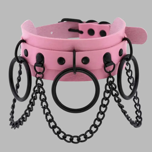 Baby Pink & Black Triple O-Ring Chain Collar – Gothic Statement Choker