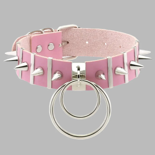 Baby Pink Spiky Double O-Ring Collar – Gothic Studded Statement Choker