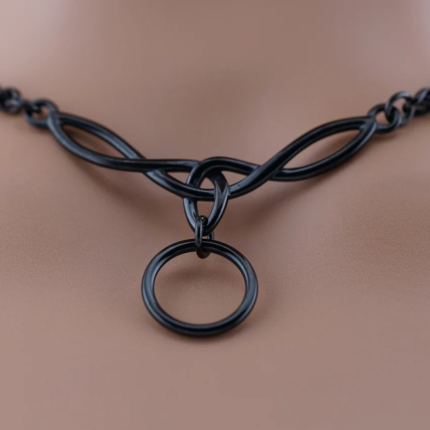 Black Celtic Knot O-Ring Wheat Chain Collar | Gothic BDSM Chain Choker