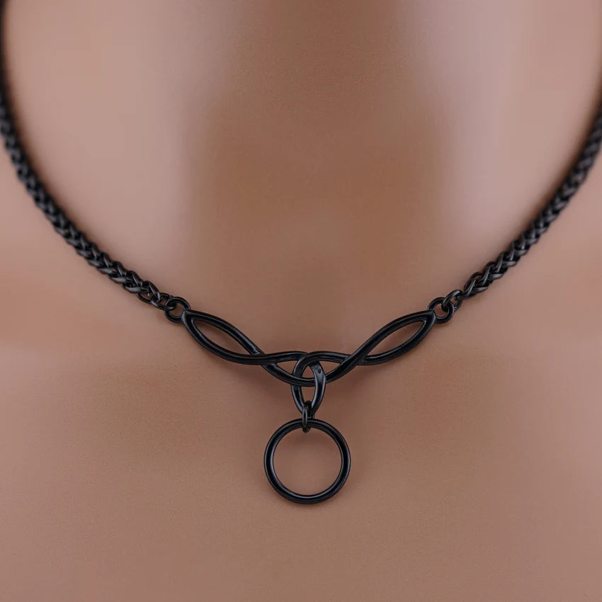 Black Celtic Knot O-Ring Wheat Chain Collar | Gothic BDSM Chain Choker