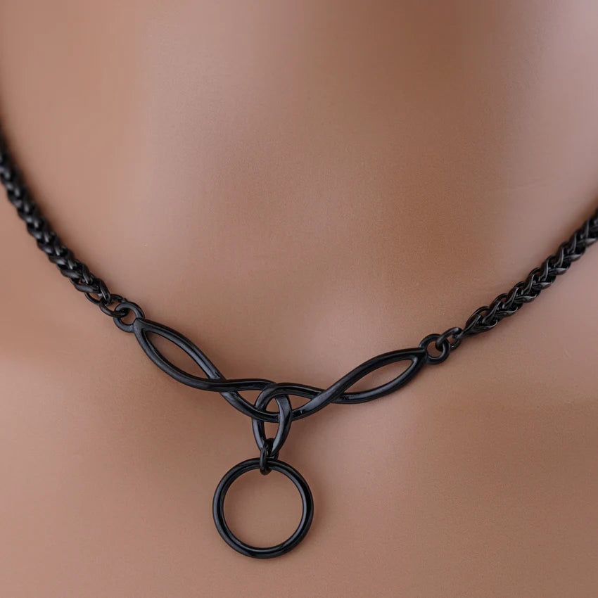 Black Celtic Knot O-Ring Wheat Chain Collar | Gothic BDSM Chain Choker