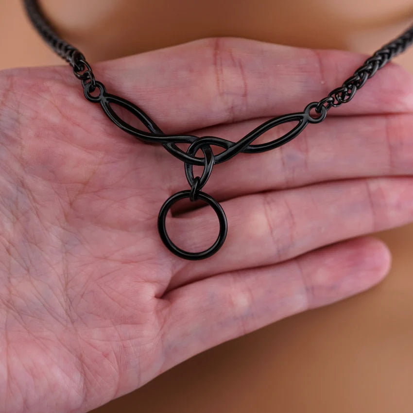 Black Celtic Knot O-Ring Wheat Chain Collar | Gothic BDSM Chain Choker