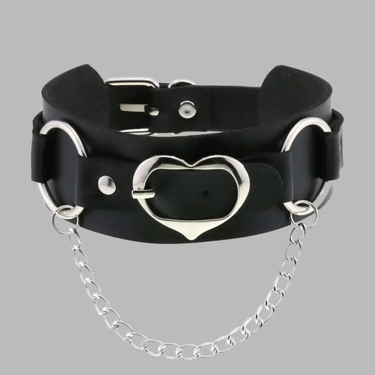 Black Heart Choker Collar with Silver Chain – Gothic Faux Leather Statement Collar