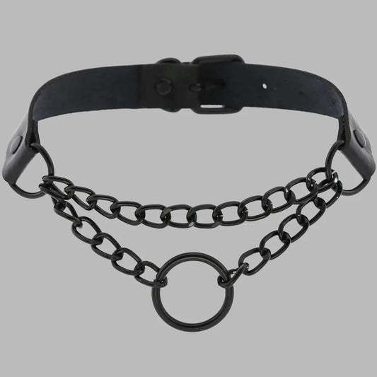 Black Layered O-Ring Choker Collar with Chain Detail – Gothic Statement Neckwear