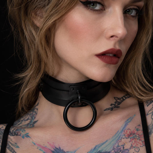 Blacked Out O-Ring Gothic Collar – Wide Black BDSM Choker with Matte Hardware