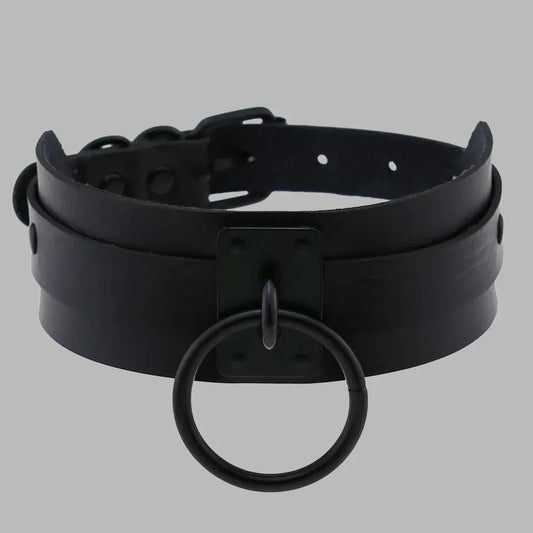 Blacked Out O-Ring Gothic Collar – Wide Black BDSM Choker with Matte Hardware