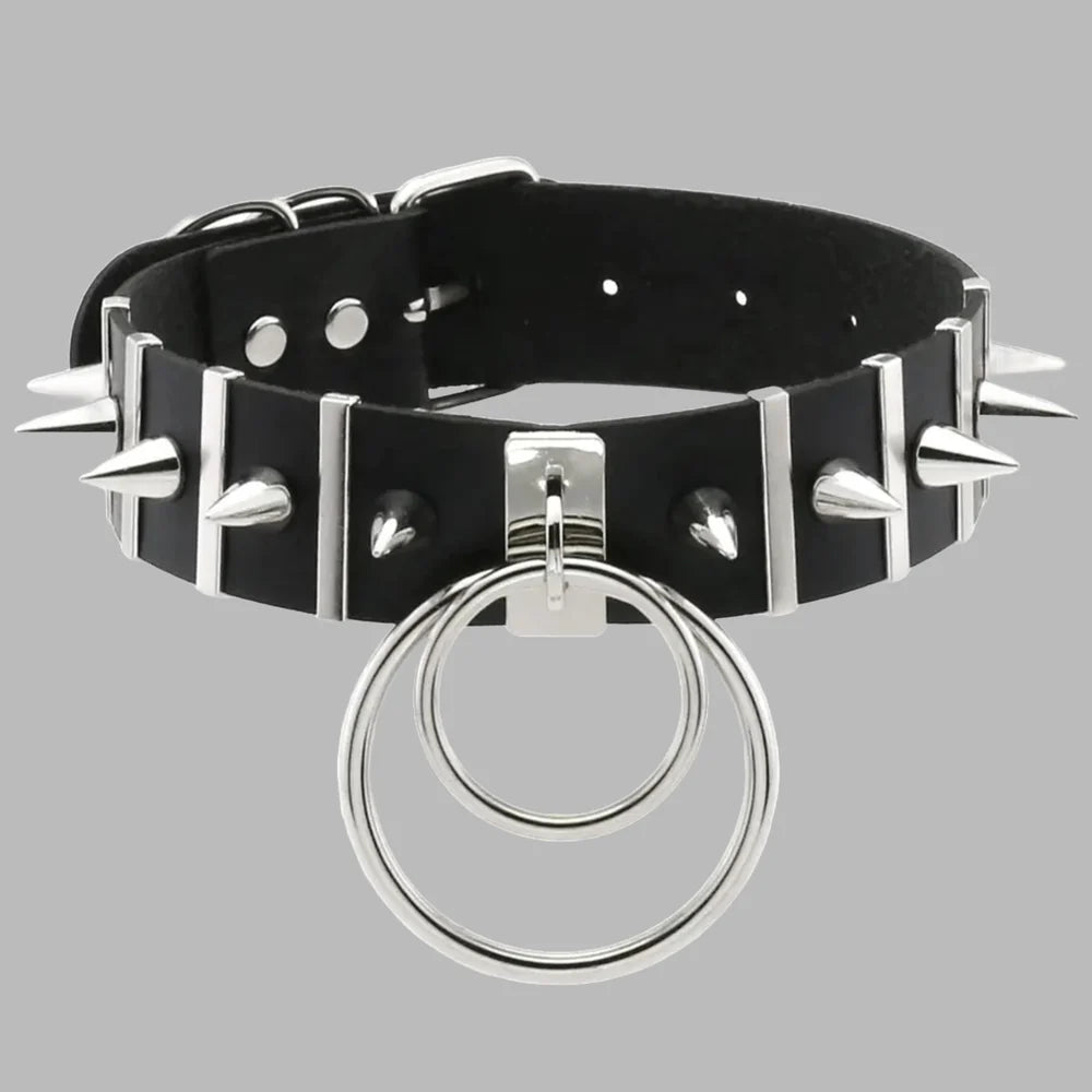 Black Spiky Double O-Ring Collar – Gothic Studded Statement Choker
