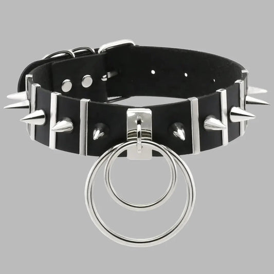 Black Spiky Double O-Ring Collar – Gothic Studded Statement Choker