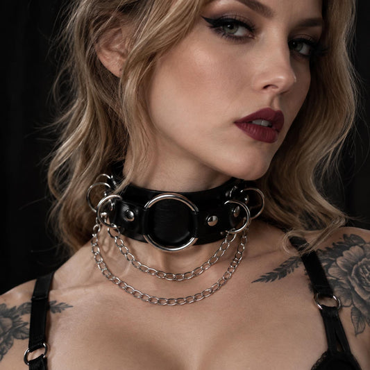 Chained O-Ring Statement Collar – Black Leather Choker with Silver Chain Details