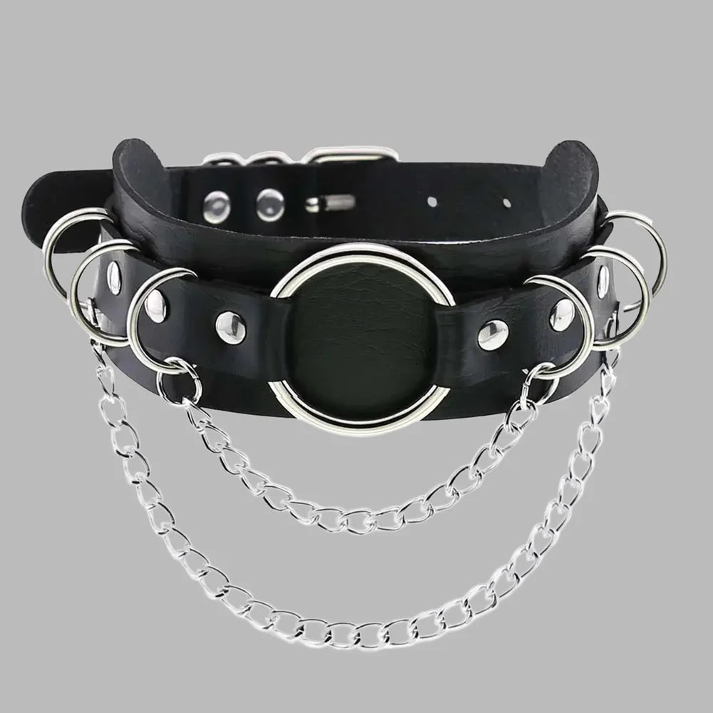 Chained O-Ring Statement Collar – Black Leather Choker with Silver Chain Details