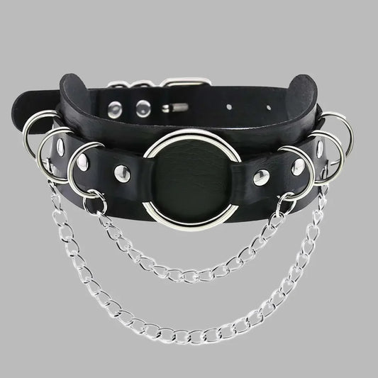 Chained O-Ring Statement Collar – Black Leather Choker with Silver Chain Details