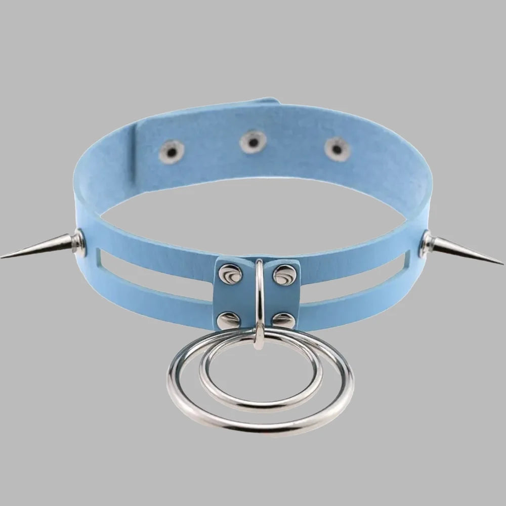 Double O-Ring Spike Collar – Baby Blue Gothic Choker with Silver Spikes