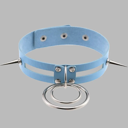 Double O-Ring Spike Collar – Baby Blue Gothic Choker with Silver Spikes