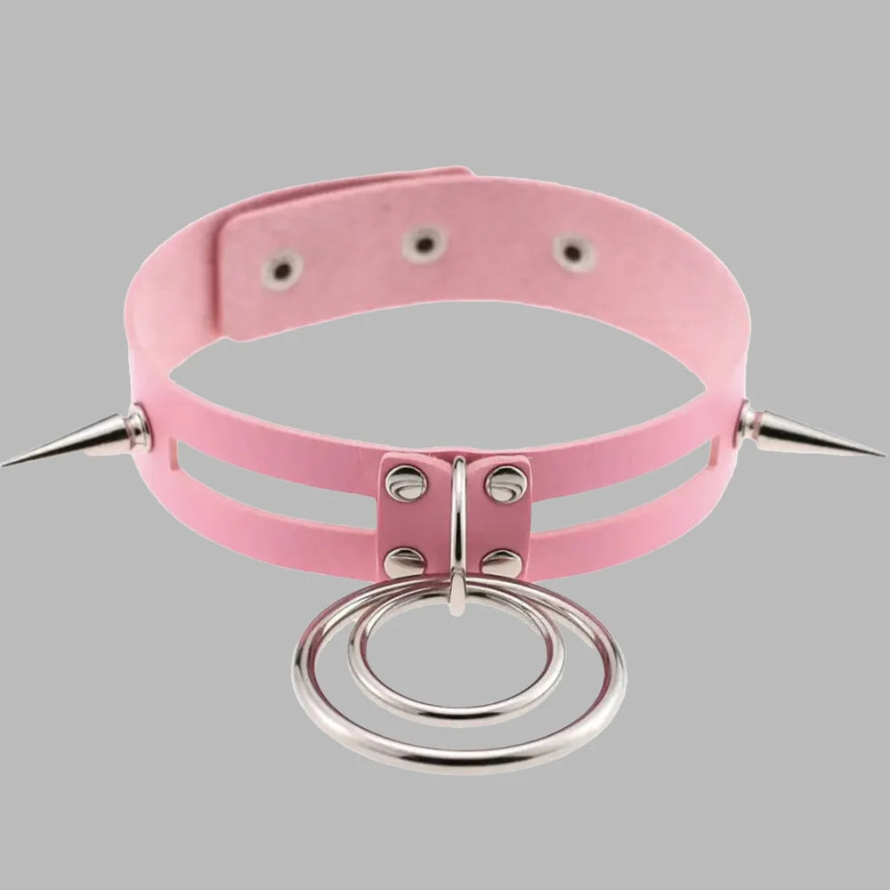 Double O-Ring Spike Collar – Baby Pink Pastel Goth Choker with Silver Spikes