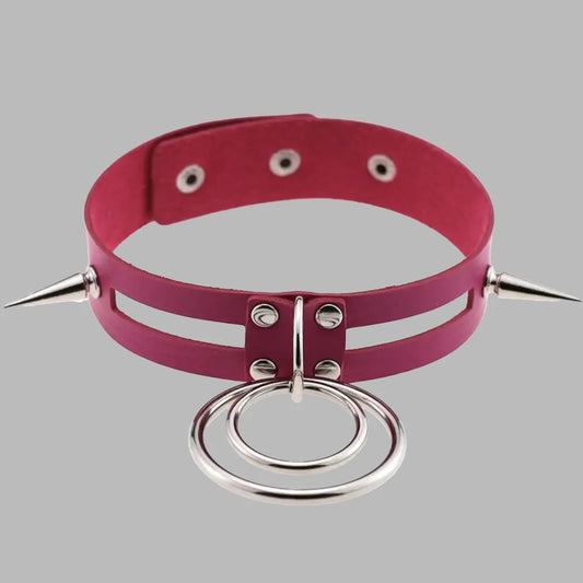 Double O-Ring Spike Collar – Hot Pink Statement Choker with Silver Hardware