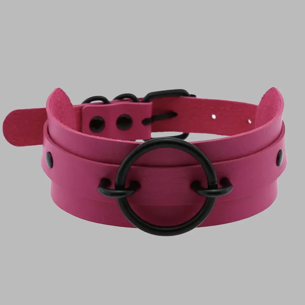 Hot Pink O-Ring Choker Collar with Black Hardware – Bold Gothic Statement Collar