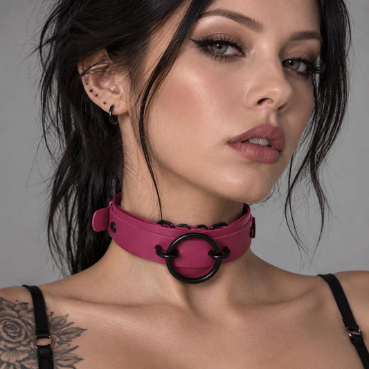 Hot Pink O-Ring Choker Collar with Black Hardware – Bold Gothic Statement Collar