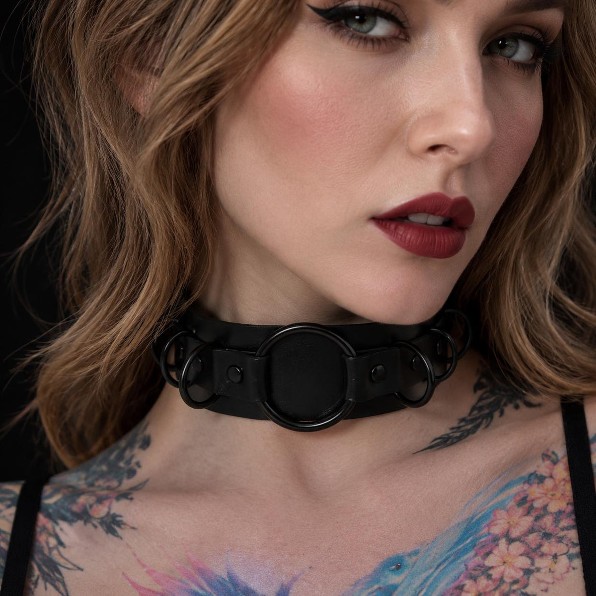 Blackout Multi O-Ring Gothic Collar – Wide Black BDSM Choker with Matte Hardware
