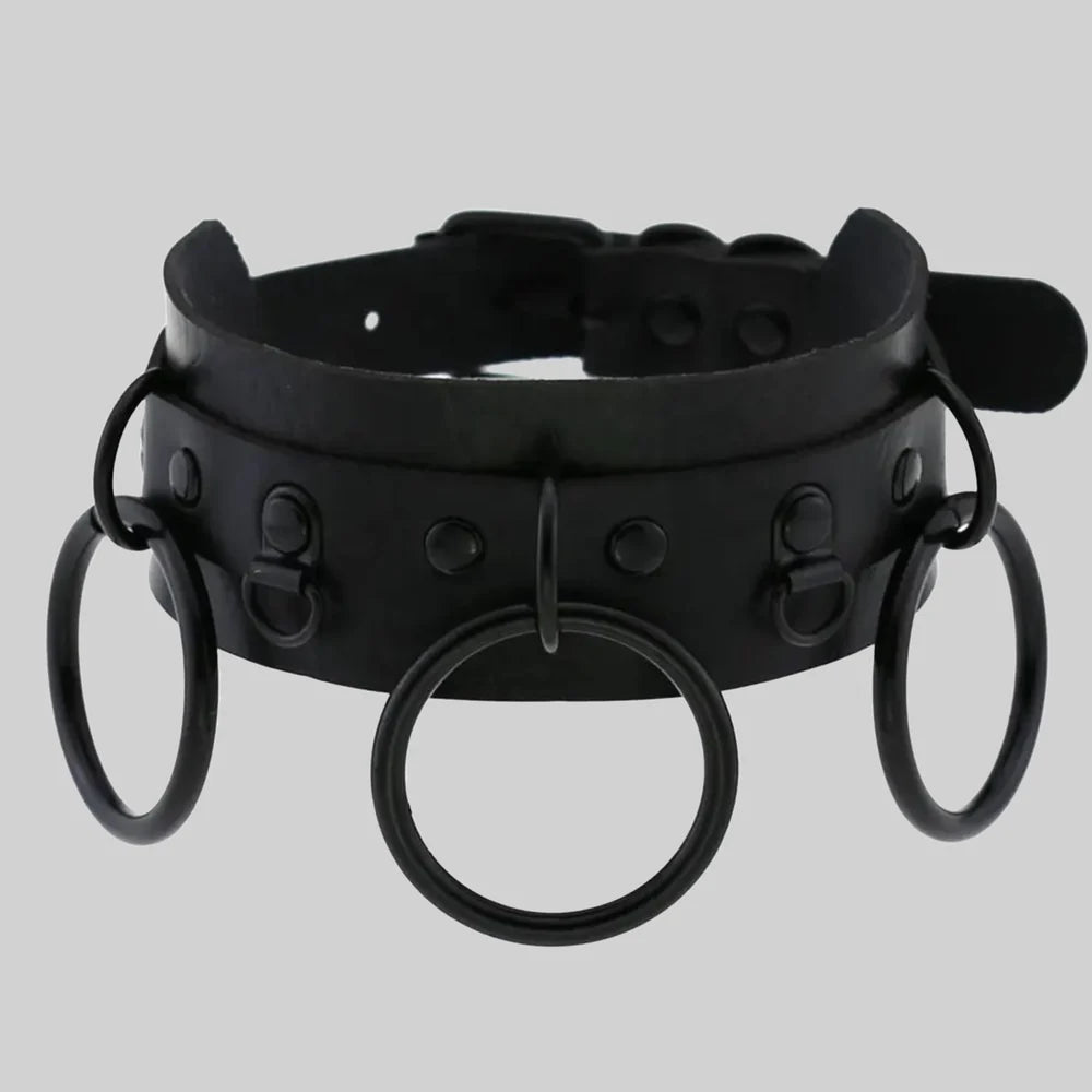 All Black Triple O-Ring Gothic Collar – Adjustable BDSM Choker Necklace for Alternative Fashion