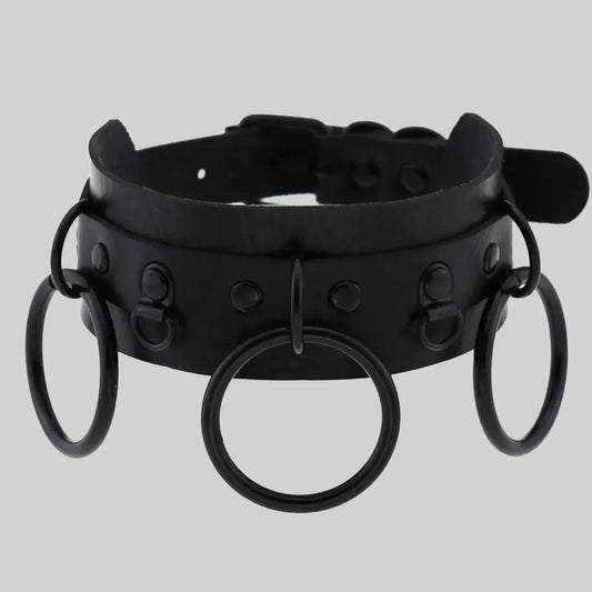 All Black Triple O-Ring Gothic Collar – Adjustable BDSM Choker Necklace for Alternative Fashion