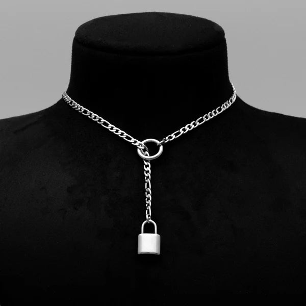 Padlock Pendant Micro Slip Chain Day Collar - 4mm Figaro Chain | Silver