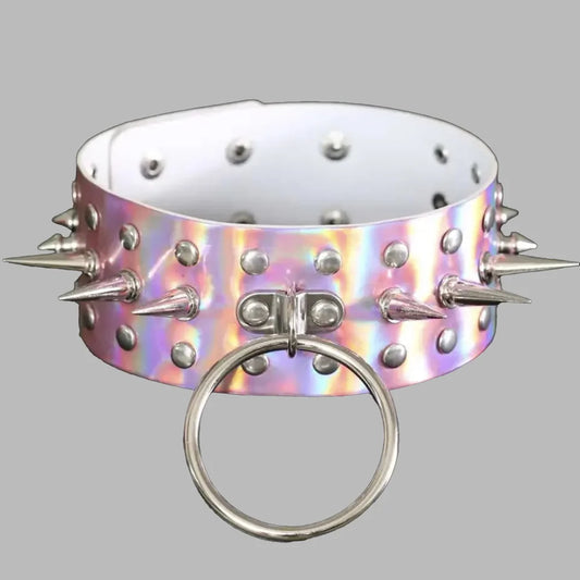 Pink Chrome Large O-Ring Spike Collar – Iridescent Gothic Statement Choker