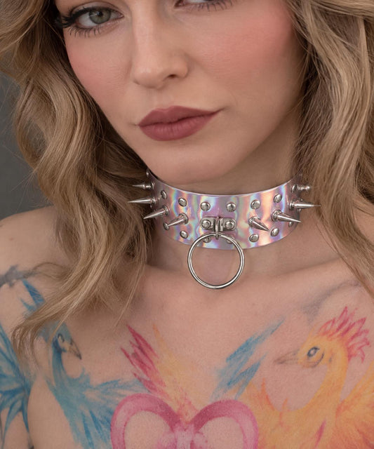 Pink Chrome Large O-Ring Spike Collar – Iridescent Gothic Statement Choker