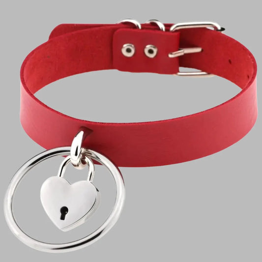 Red & Silver O-Ring Padlock Collar – Gothic Lock Choker for Alternative Fashion