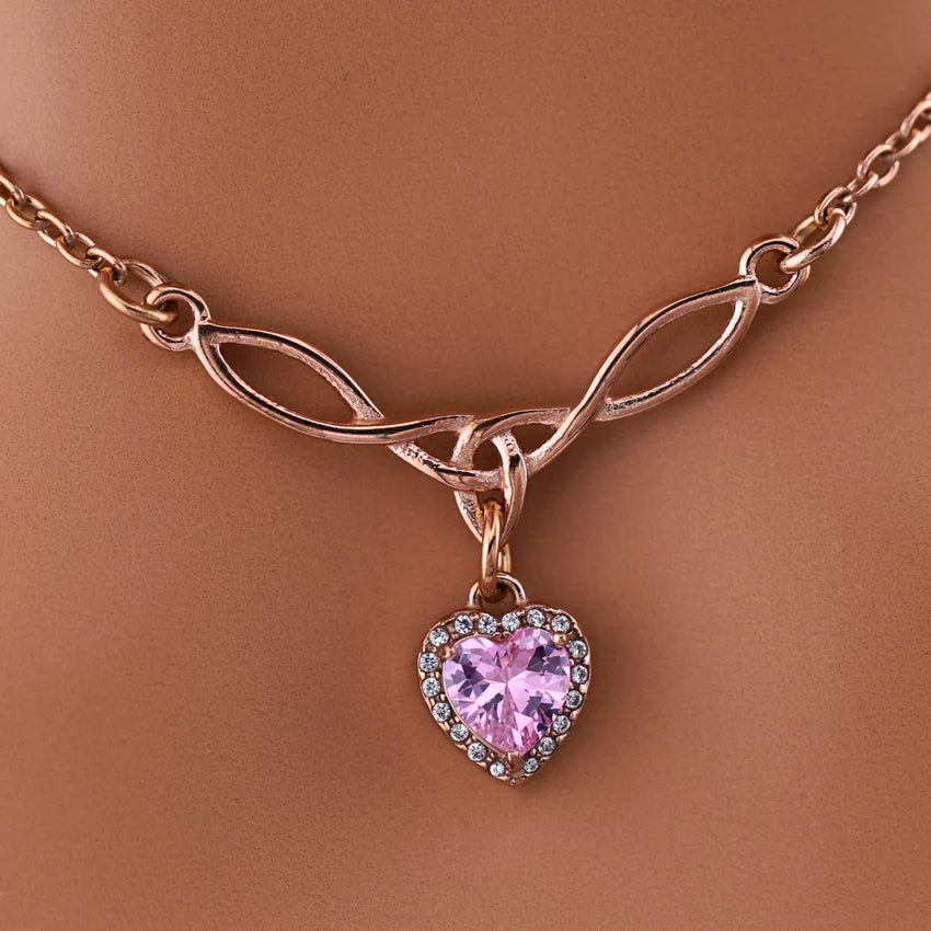 Rose Gold Celtic Collar with Pink CZ Diamond Heart | Gothic BDSM Statement Collar
