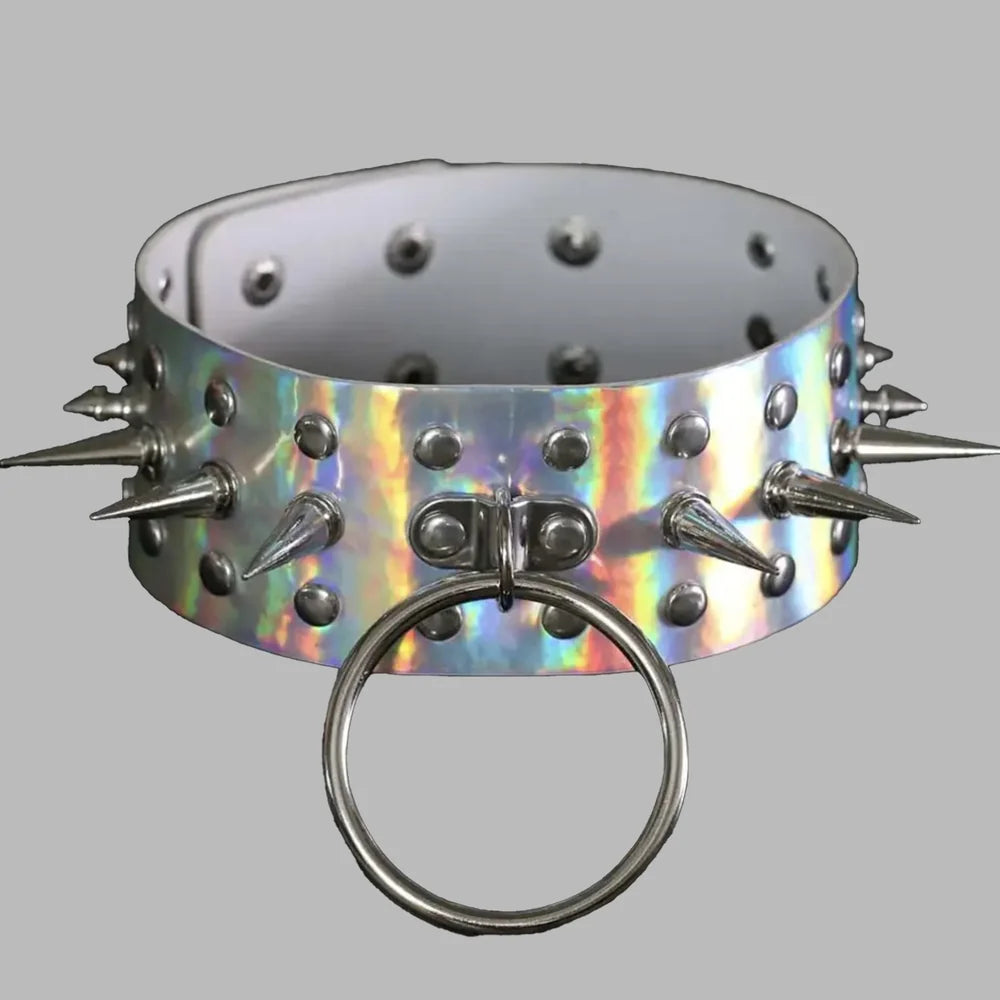 Silver Chrome Large O-Ring Spike Collar – Holographic Gothic Statement Choker