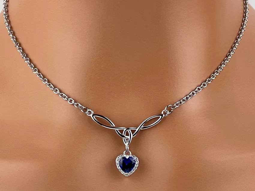 Sterling Silver Blue Sapphire CZ Heart Collar | Elegant BDSM Heart Collar