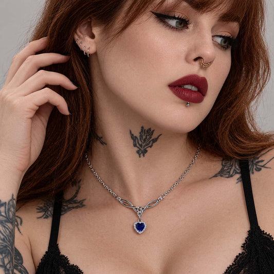 Sterling Silver Blue Sapphire CZ Heart Collar | Elegant BDSM Heart Collar